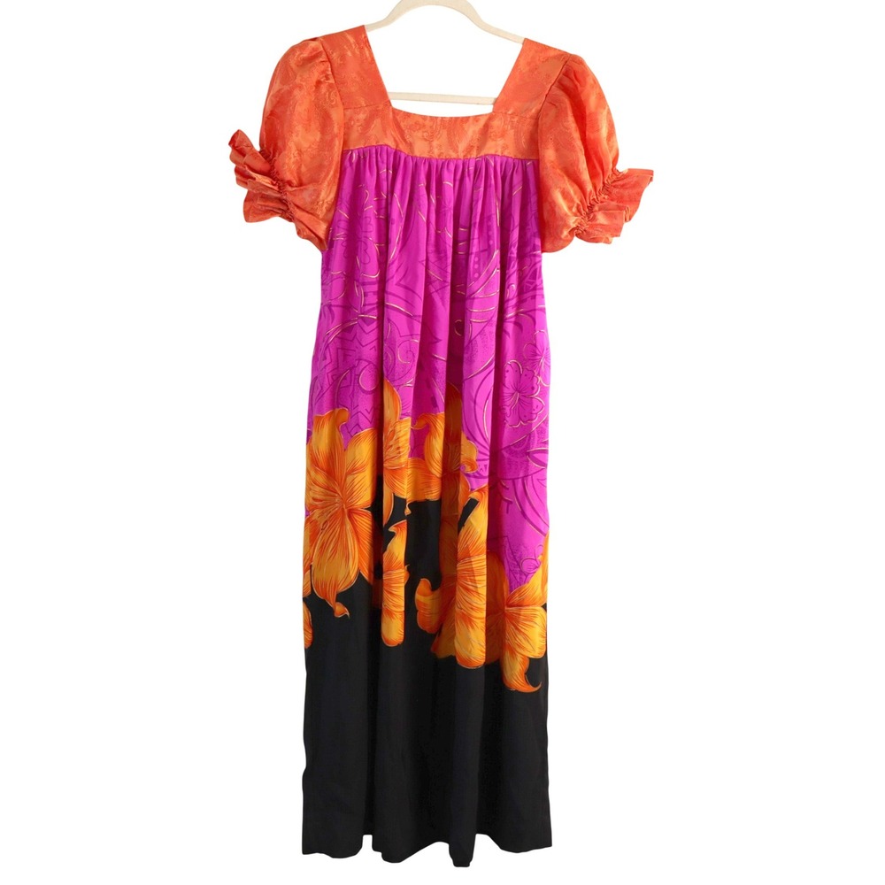 Vintage Handsewn Micronesian Dress Floral Orange Pink Square Neck Puff Sleeve - Picture 11 of 15